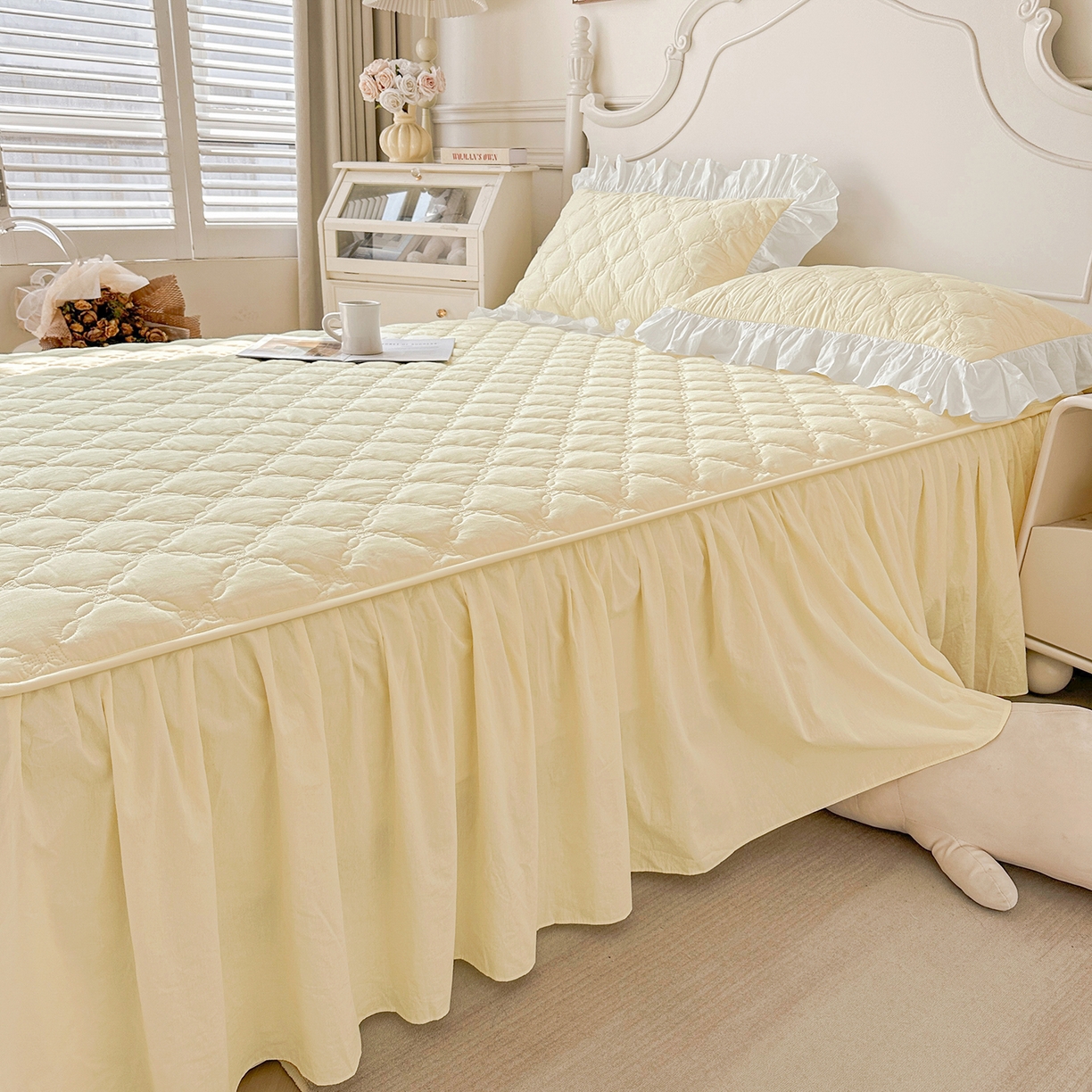 91家纺网 家纺一手货源 找家纺 佳笠家居 2026春夏新款A类韩版全棉水洗棉新疆棉花少女风床裙单件床裙单品单床裙-床拍图 床裙款-象牙黄