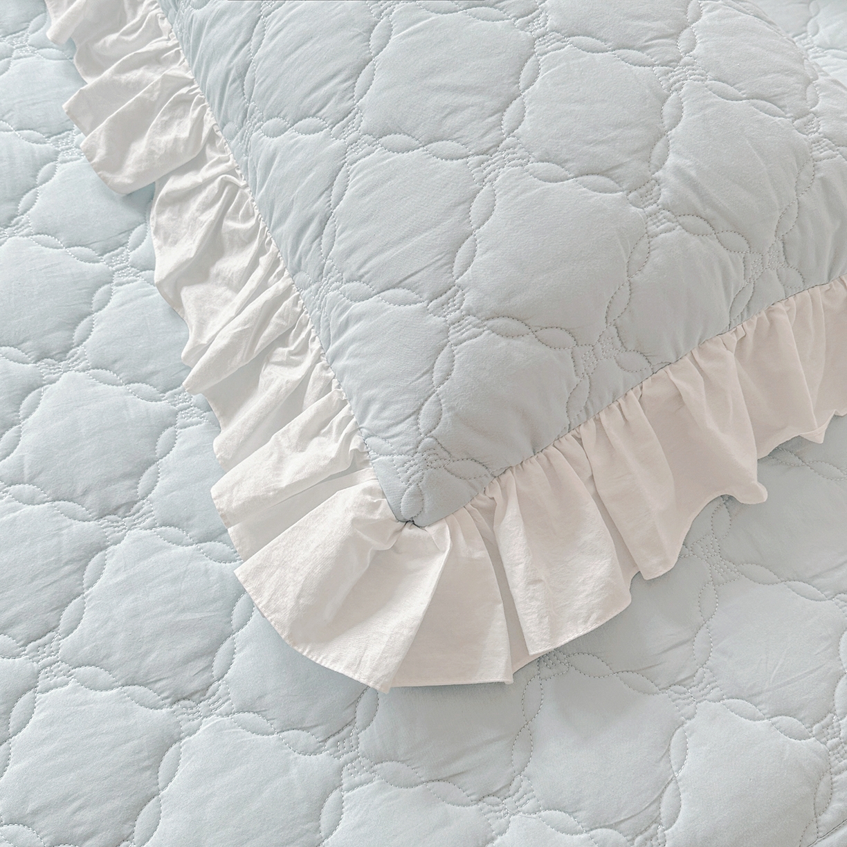 91家纺网 家纺一手货源 找家纺 佳笠家居 2026春夏新款A类韩版全棉水洗棉新疆棉花少女风床裙单件床裙单品单床裙-床拍图 床裙款-晴空蓝