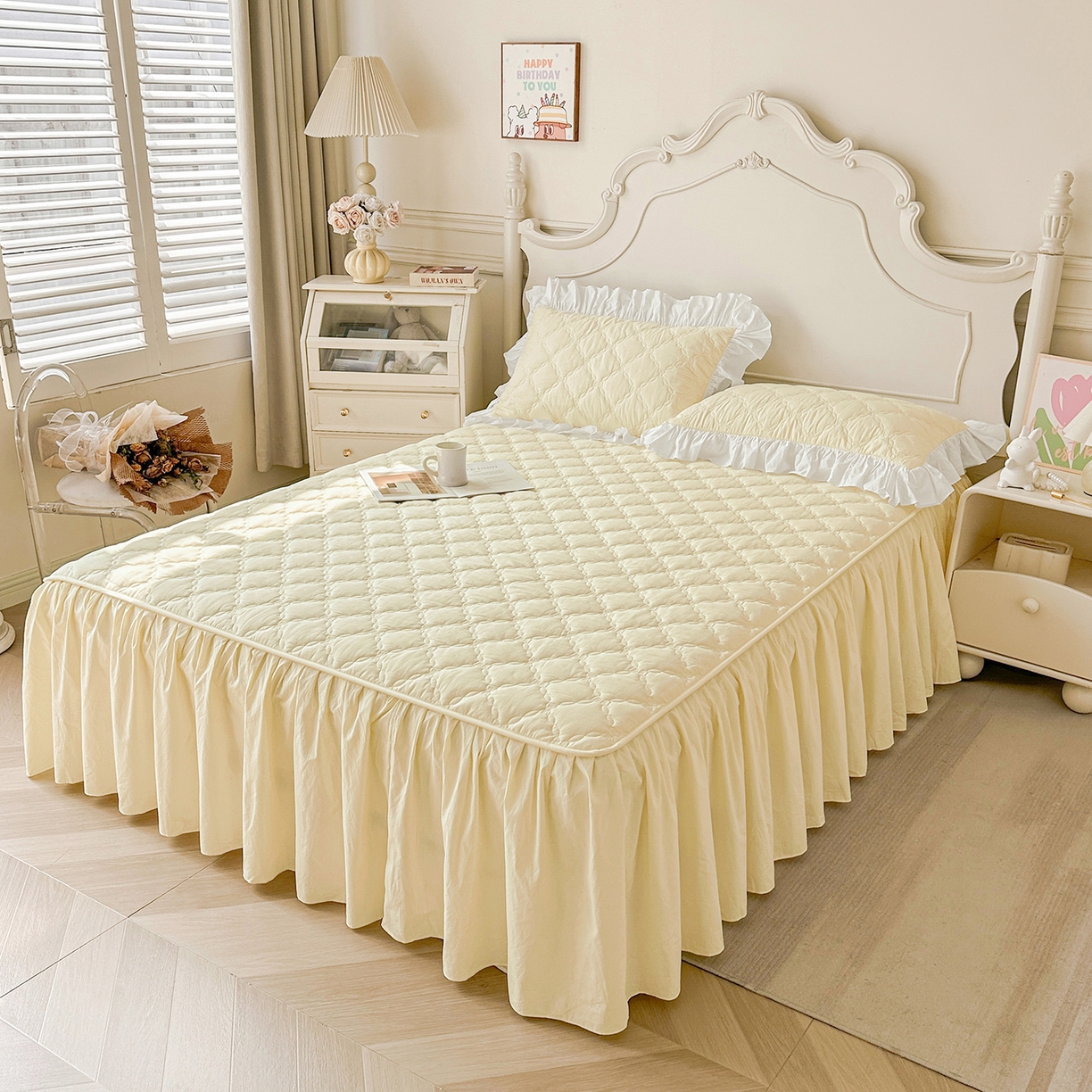 91家纺网 家纺一手货源 找家纺 佳笠家居 2026春夏新款A类韩版全棉水洗棉新疆棉花少女风床裙单件床裙单品单床裙-床拍图 床裙款-象牙黄