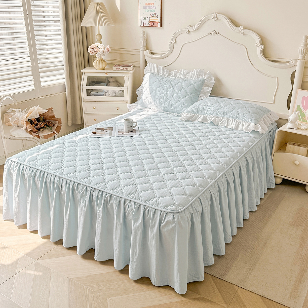 91家纺网 家纺一手货源 找家纺 佳笠家居 2026春夏新款A类韩版全棉水洗棉新疆棉花少女风床裙单件床裙单品单床裙-床拍图 床裙款-晴空蓝