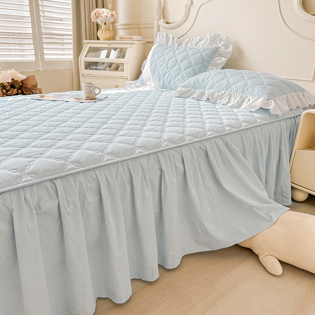 91家纺网 家纺一手货源 找家纺 佳笠家居 2026春夏新款A类韩版全棉水洗棉新疆棉花少女风床裙单件床裙单品单床裙-床拍图 床裙款-晴空蓝