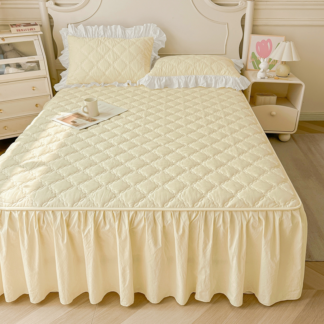 91家纺网 家纺一手货源 找家纺 佳笠家居 2026春夏新款A类韩版全棉水洗棉新疆棉花少女风床裙单件床裙单品单床裙-床拍图 床裙款-象牙黄