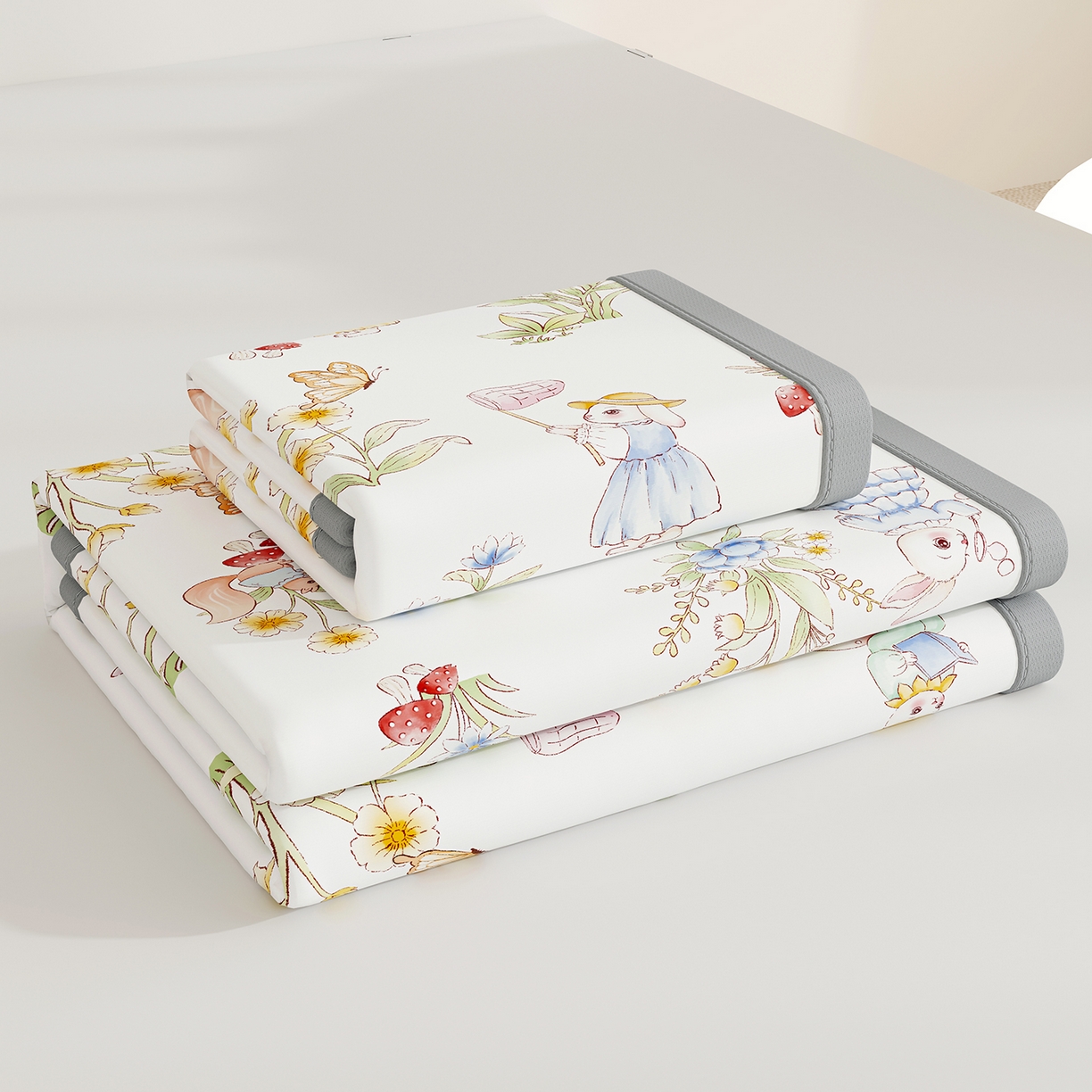 91家纺网 家纺一手货源 找家纺 家品罗兰 2026A类数码印花大版卡通冰丝凉席双人席可机洗学生宿舍空调软席三件套三明治网底 精灵小兔