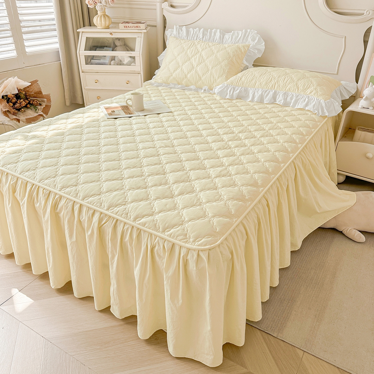 91家纺网 家纺一手货源 找家纺 佳笠家居 2026春夏新款A类韩版全棉水洗棉新疆棉花少女风床裙单件床裙单品单床裙-床拍图 床裙款-象牙黄