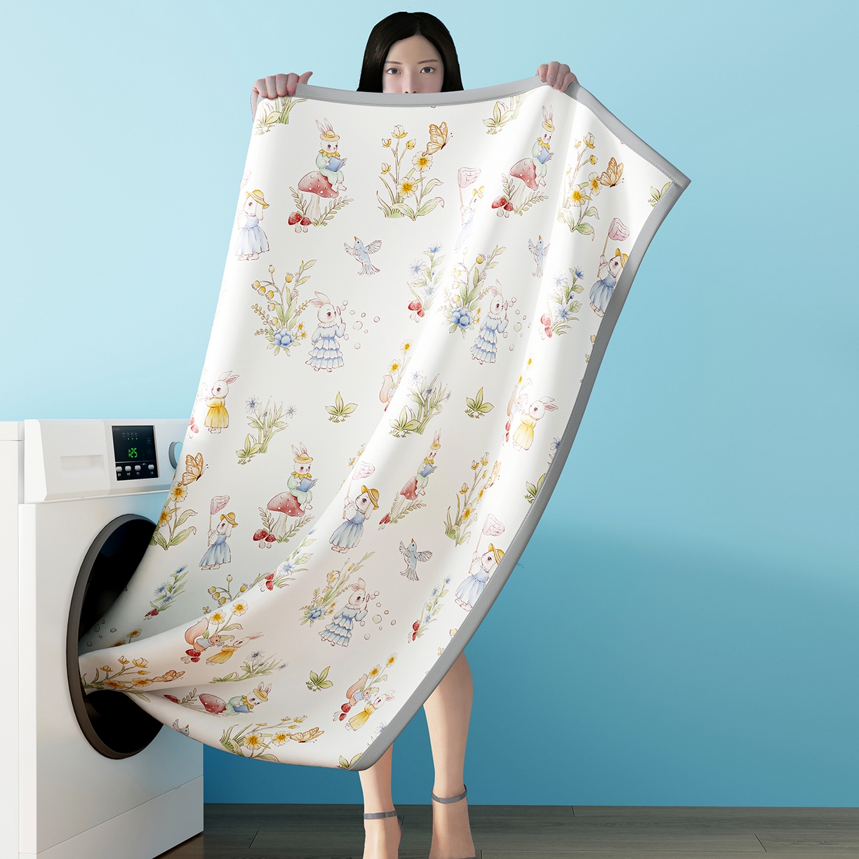 91家纺网 家纺一手货源 找家纺 家品罗兰 2026A类数码印花大版卡通冰丝凉席双人席可机洗学生宿舍空调软席三件套三明治网底 精灵小兔