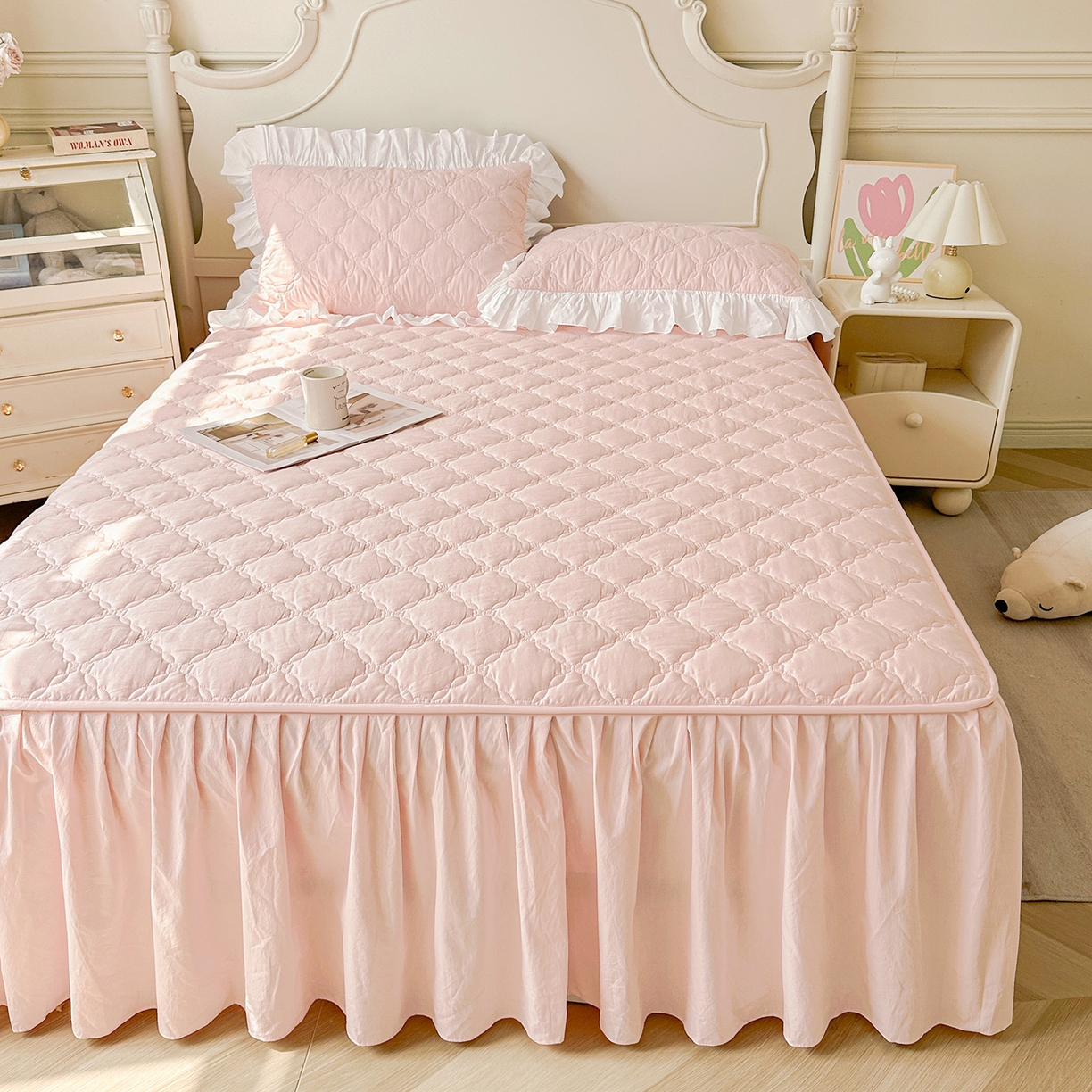 91家纺网 家纺一手货源 找家纺 佳笠家居 2026春夏新款A类韩版全棉水洗棉新疆棉花少女风床裙单件床裙单品单床裙-床拍图 床裙款-芝夏粉