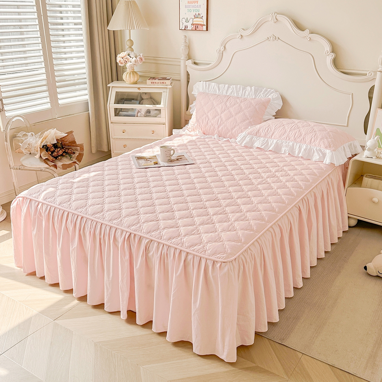 91家纺网 家纺一手货源 找家纺 佳笠家居 2026春夏新款A类韩版全棉水洗棉新疆棉花少女风床裙单件床裙单品单床裙-床拍图 床裙款-芝夏粉