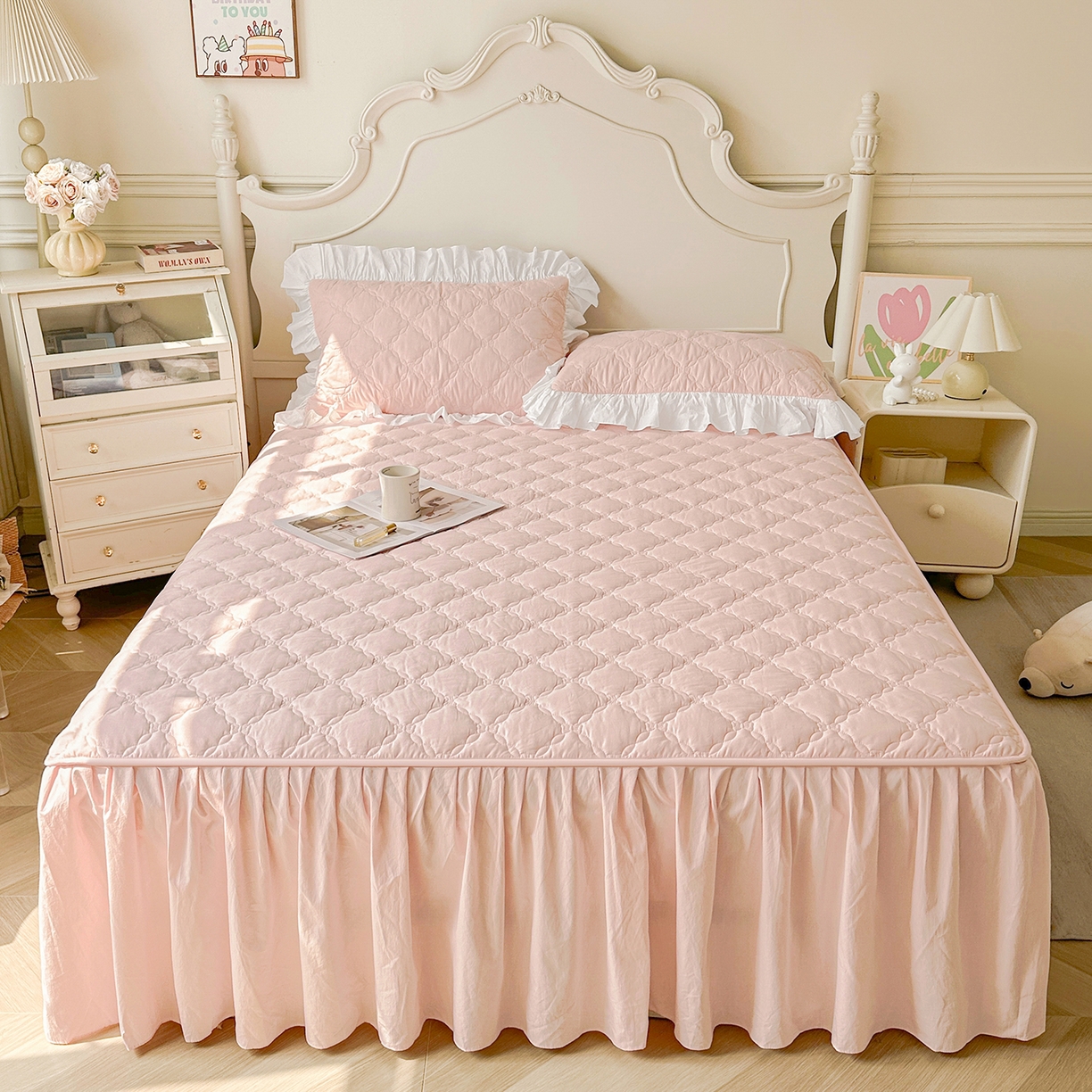 91家纺网 家纺一手货源 找家纺 佳笠家居 2026春夏新款A类韩版全棉水洗棉新疆棉花少女风床裙单件床裙单品单床裙-床拍图 床裙款-芝夏粉