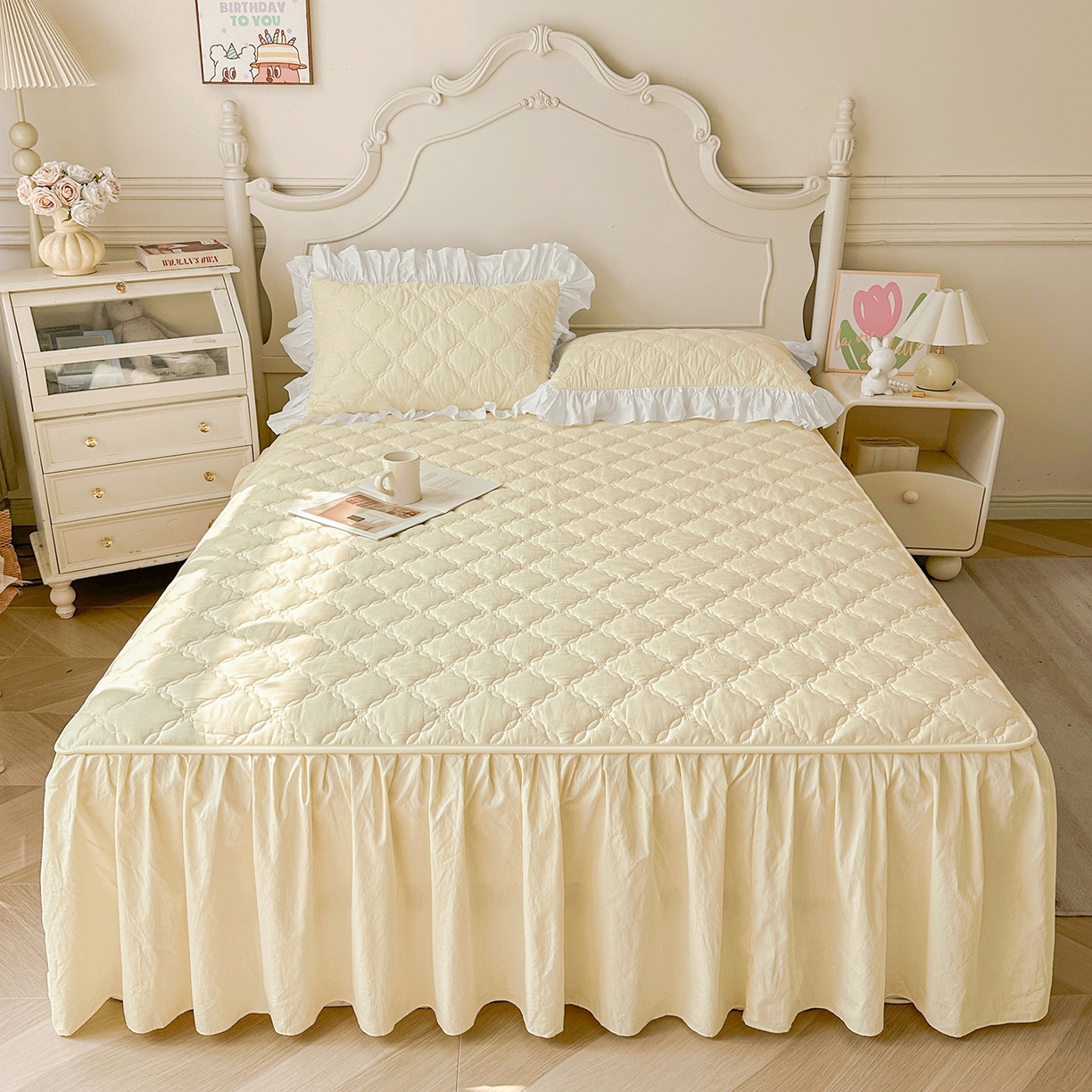 91家纺网 家纺一手货源 找家纺 佳笠家居 2026春夏新款A类韩版全棉水洗棉新疆棉花少女风床裙单件床裙单品单床裙-床拍图 床裙款-象牙黄