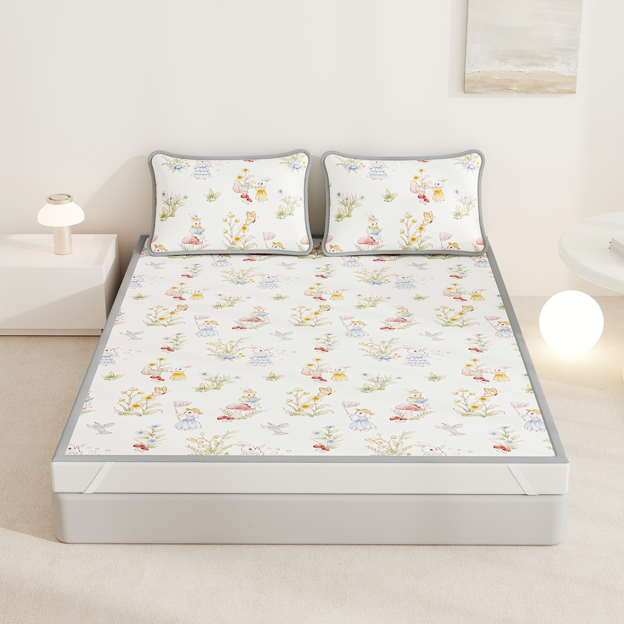 91家纺网 家纺一手货源 找家纺 家品罗兰 2026A类数码印花大版卡通冰丝凉席双人席可机洗学生宿舍空调软席三件套三明治网底 精灵小兔