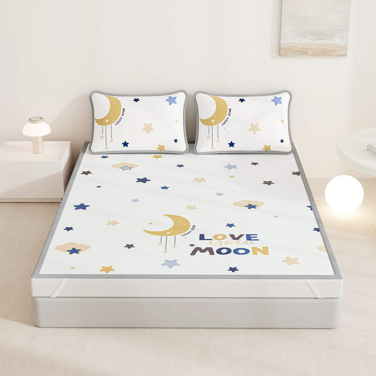 91家纺网 家纺一手货源 找家纺 家品罗兰 2026A类数码印花大版卡通冰丝凉席双人席可机洗学生宿舍空调软席三件套三明治网底 满天星辰