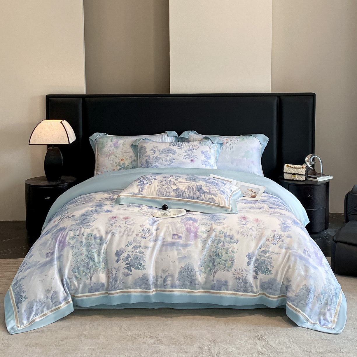 91家纺网 家纺一手货源 找家纺 博纳家纺 2026新款林间鹿语系列天丝四件套 早春-海岛蓝