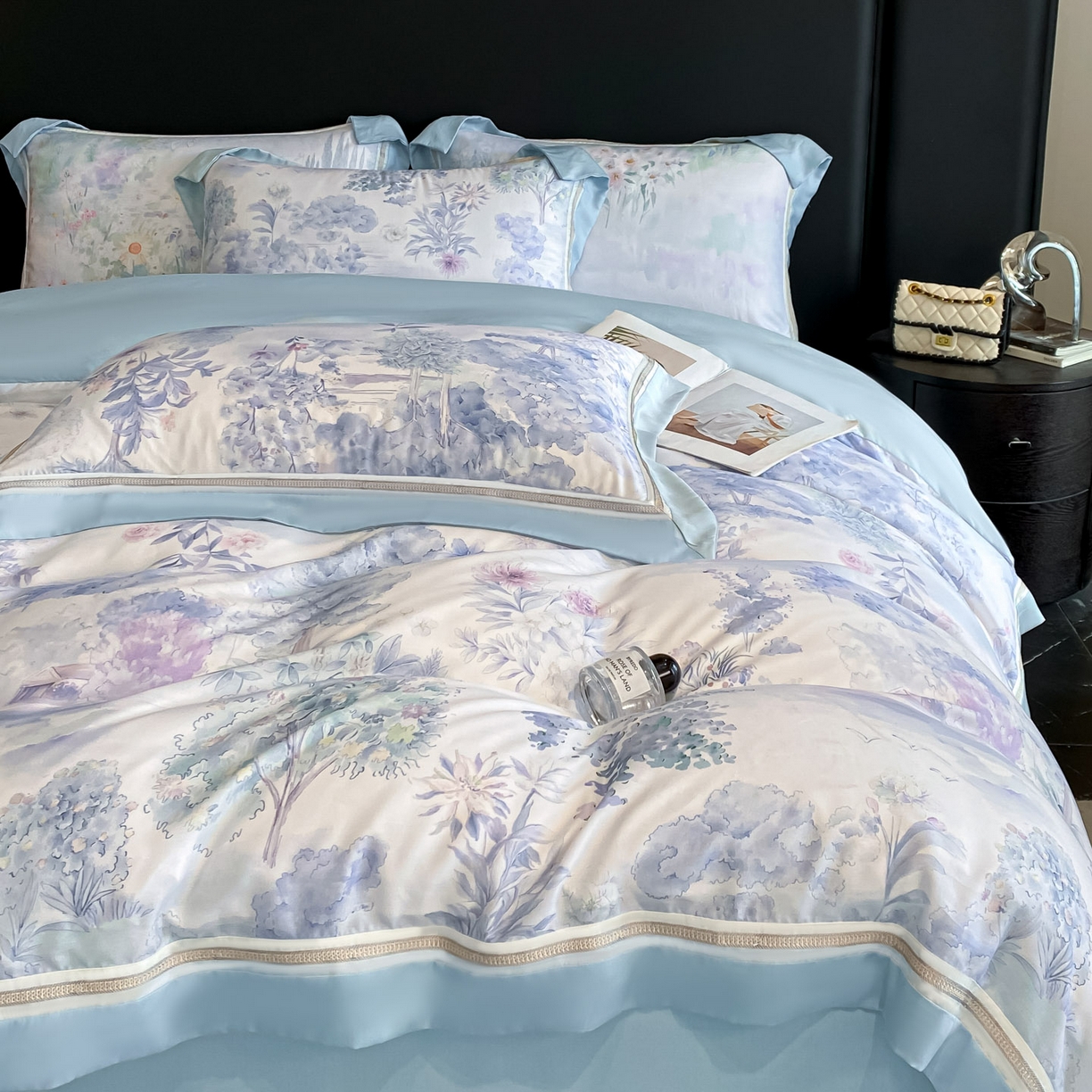 91家纺网 家纺一手货源 找家纺 博纳家纺 2026新款林间鹿语系列天丝四件套 早春-海岛蓝