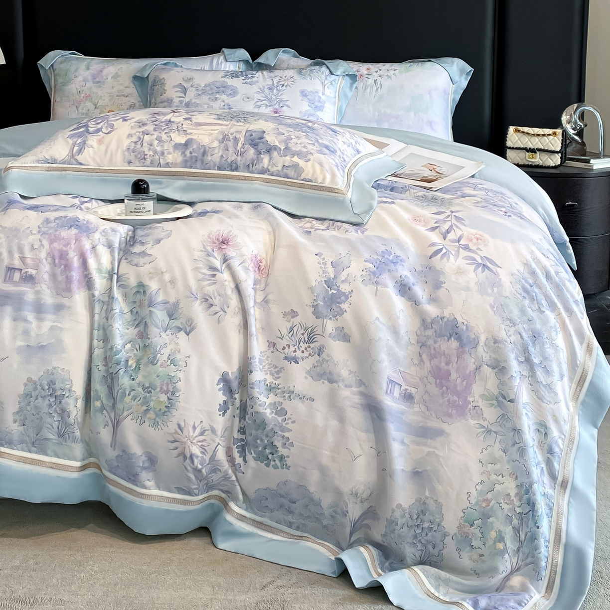 91家纺网 家纺一手货源 找家纺 博纳家纺 2026新款林间鹿语系列天丝四件套 早春-海岛蓝