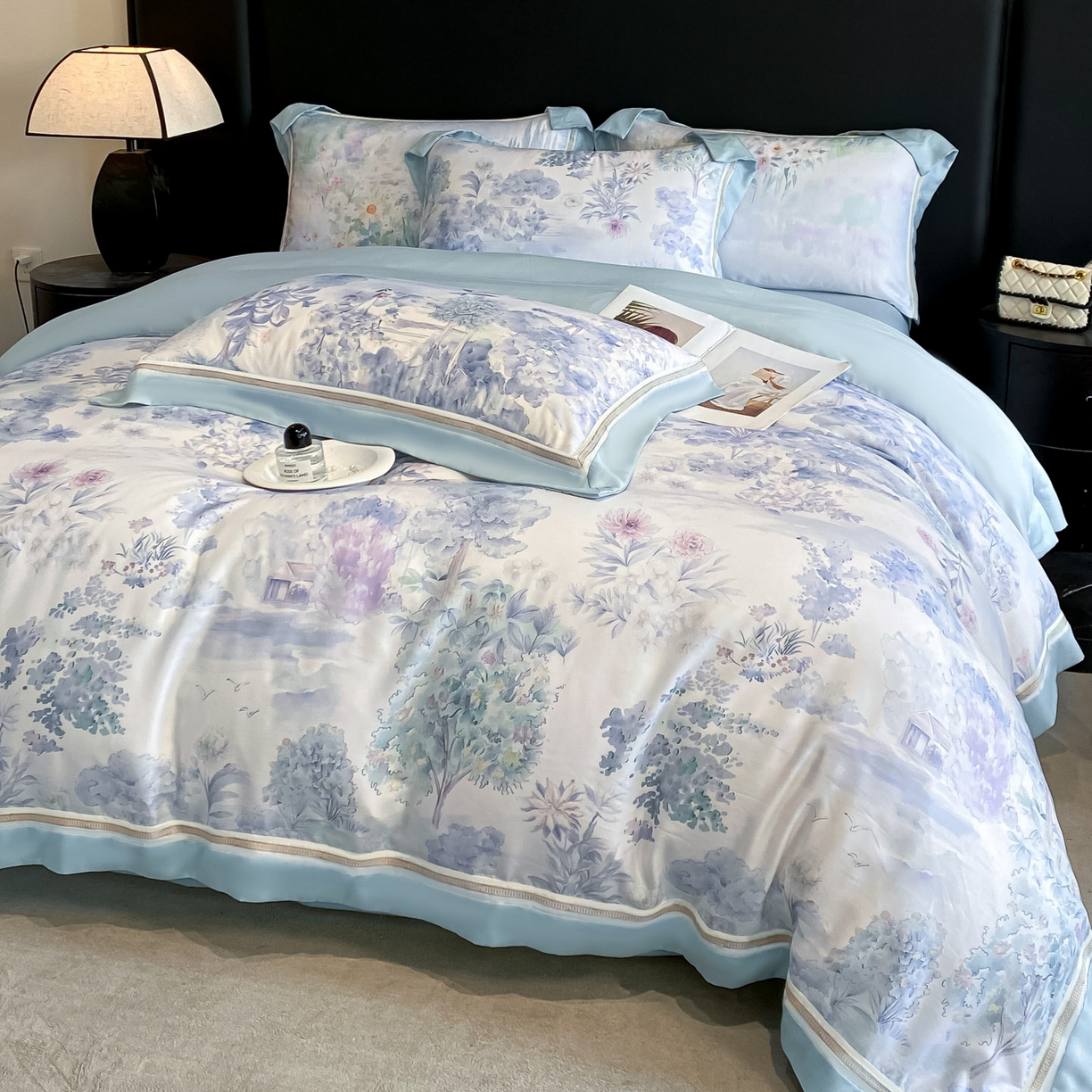 91家纺网 家纺一手货源 找家纺 博纳家纺 2026新款林间鹿语系列天丝四件套 早春-海岛蓝