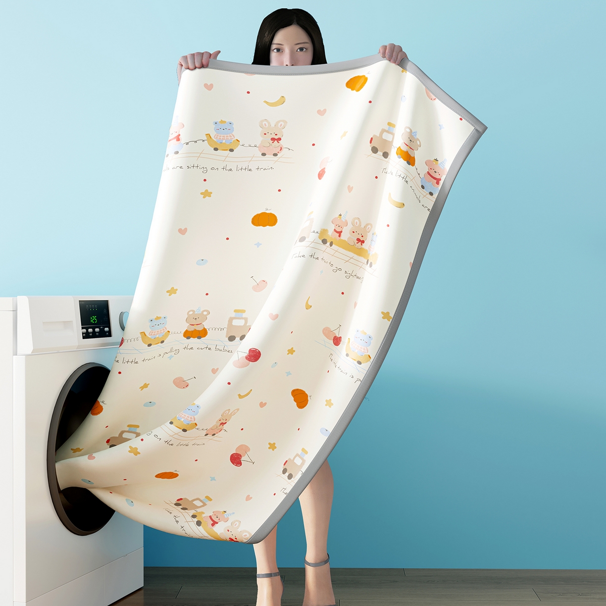 91家纺网 家纺一手货源 找家纺 家品罗兰 2026A类数码印花大版卡通冰丝凉席双人席可机洗学生宿舍空调软席三件套三明治网底 萌宝小火车