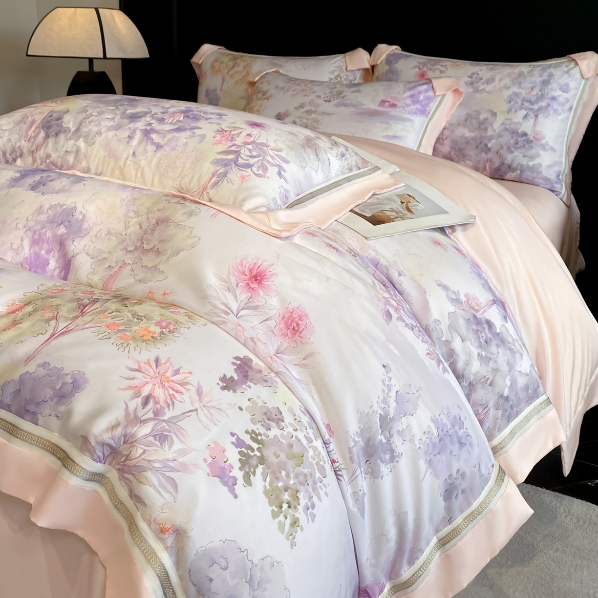 91家纺网 家纺一手货源 找家纺 博纳家纺 2026新款林间鹿语系列天丝四件套 早春-珍珠粉