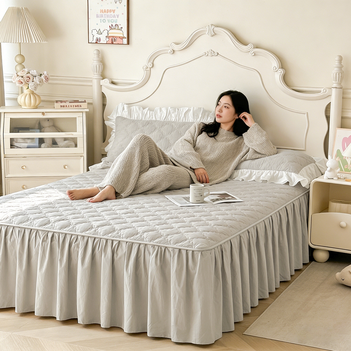 佳笠家居 2026春夏新款A类韩版全棉水洗棉新疆棉花少女风床裙单件床裙单品单床裙-模特图 床裙款-枫舞灰