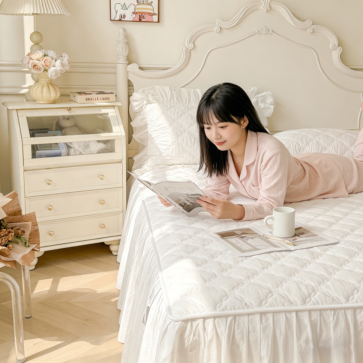 91家纺网 家纺一手货源 找家纺 佳笠家居 2026春夏新款A类韩版全棉水洗棉新疆棉花少女风床裙单件床裙单品单床裙-模特图 床裙款-贵族白