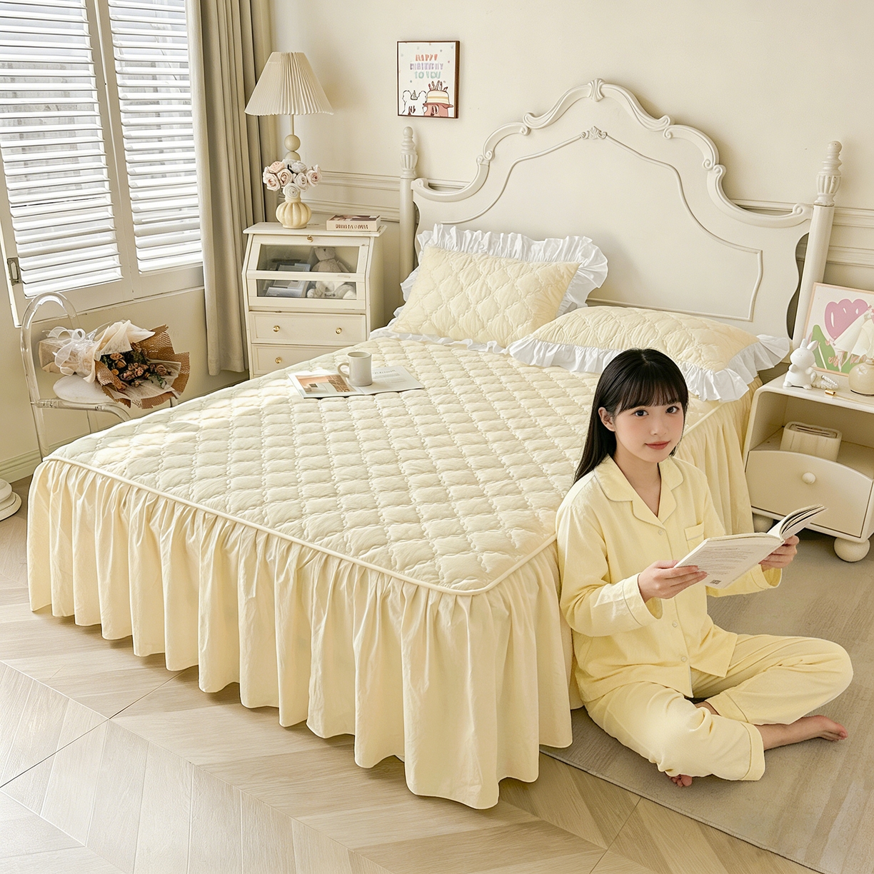 91家纺网 家纺一手货源 找家纺 佳笠家居 2026春夏新款A类韩版全棉水洗棉新疆棉花少女风床裙单件床裙单品单床裙-模特图 床裙款-象牙黄
