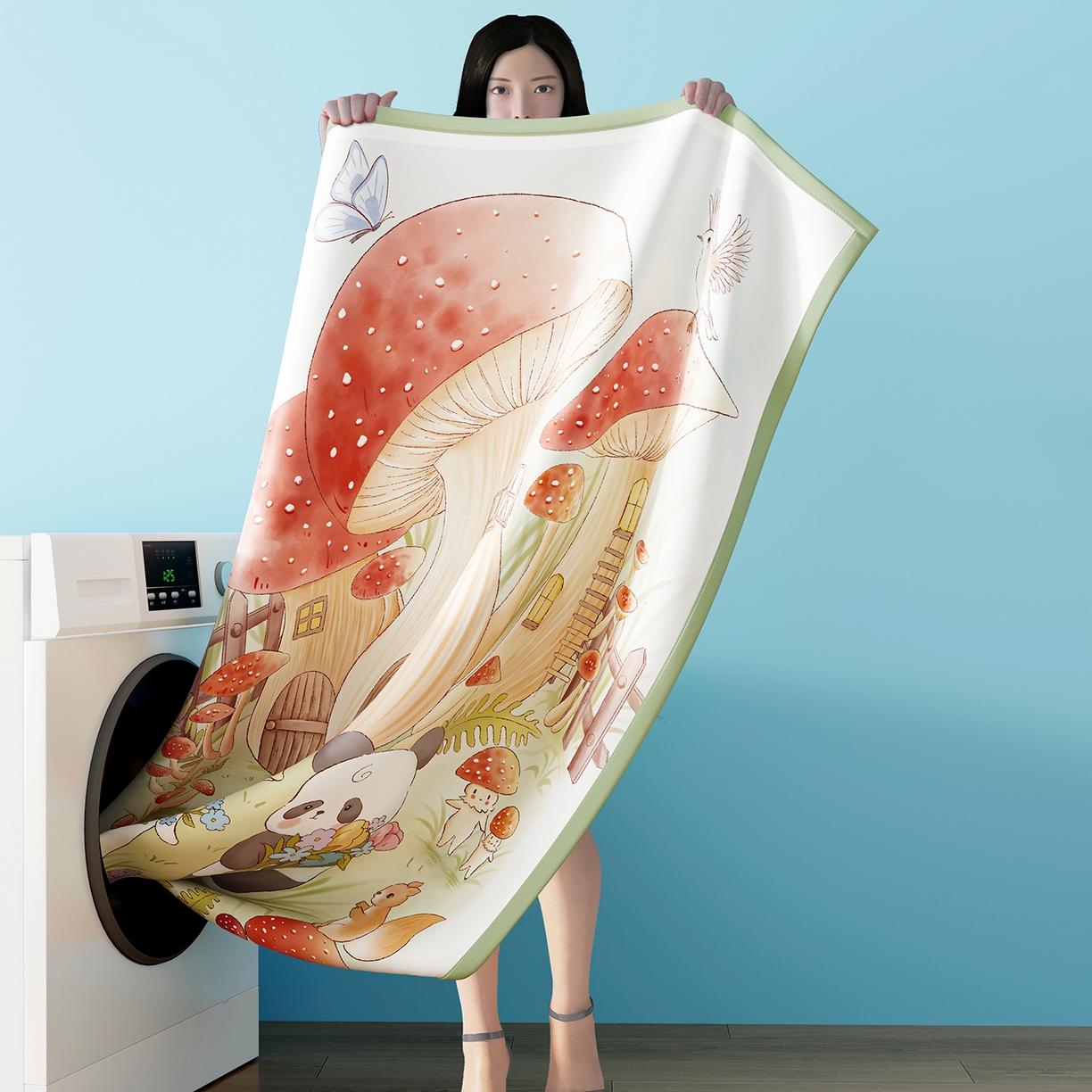 91家纺网 家纺一手货源 找家纺 家品罗兰 2026A类数码印花大版卡通冰丝凉席双人席可机洗学生宿舍空调软席三件套三明治网底 蘑菇城堡