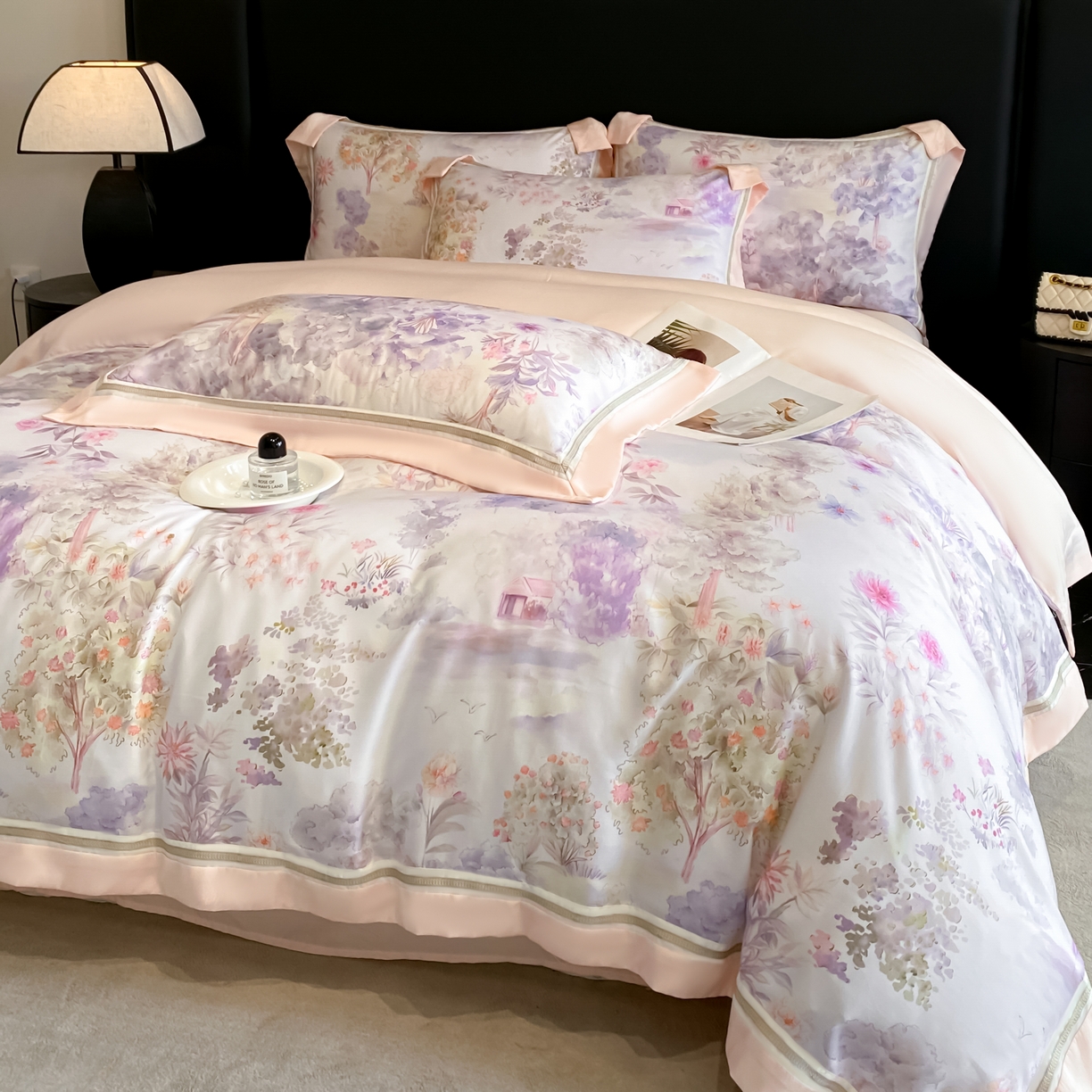 91家纺网 家纺一手货源 找家纺 博纳家纺 2026新款林间鹿语系列天丝四件套 早春-珍珠粉