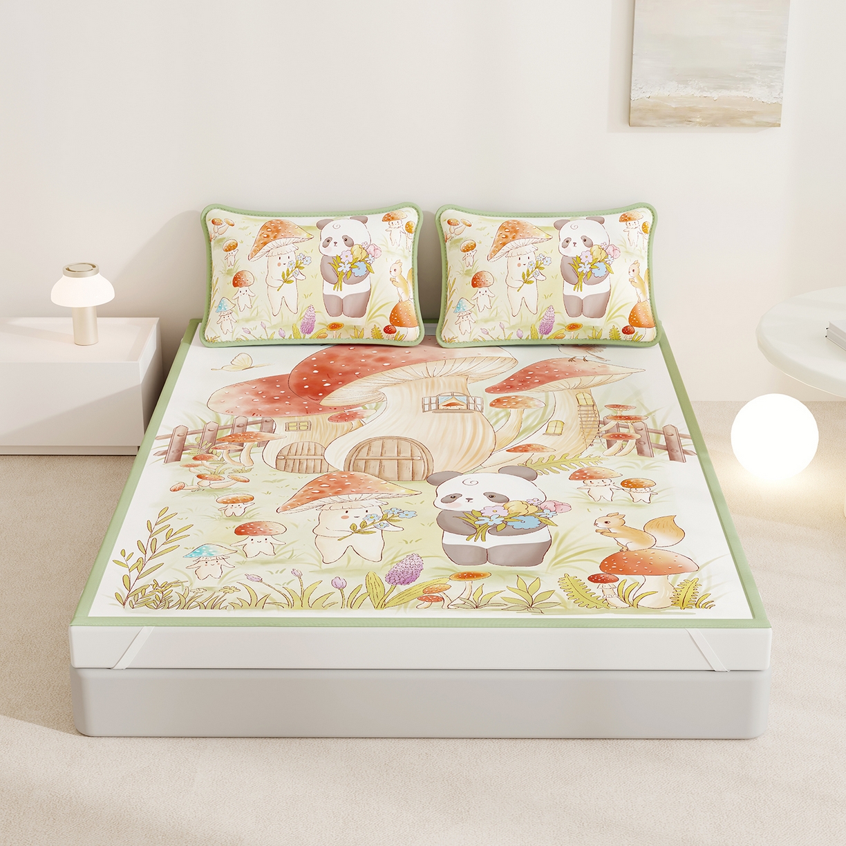 91家纺网 家纺一手货源 找家纺 家品罗兰 2026A类数码印花大版卡通冰丝凉席双人席可机洗学生宿舍空调软席三件套三明治网底 蘑菇城堡