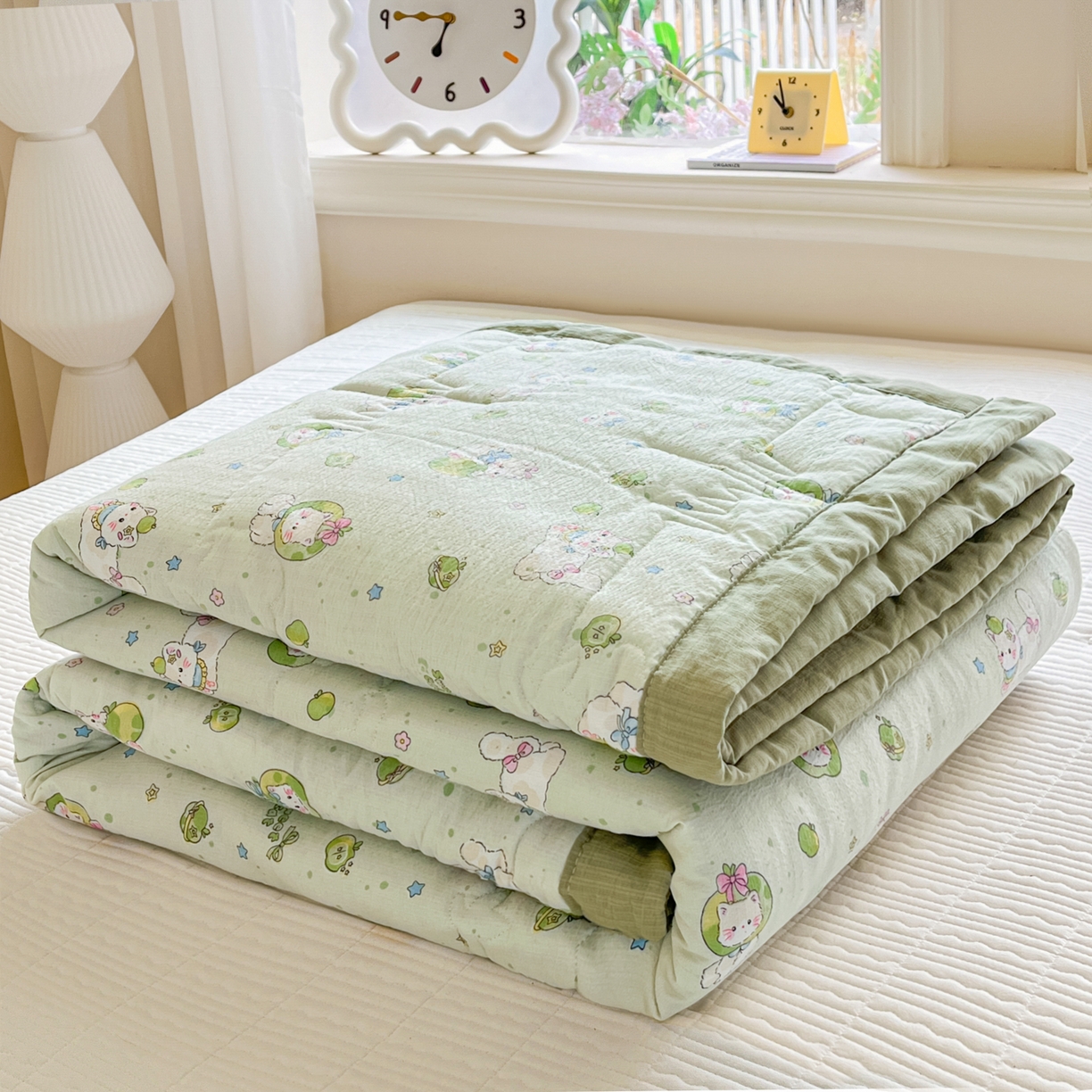 优承佳生活馆 2026新款云感双层纱卡通小清新风格棉花夏被（提供买家秀） 青苹果猫咪