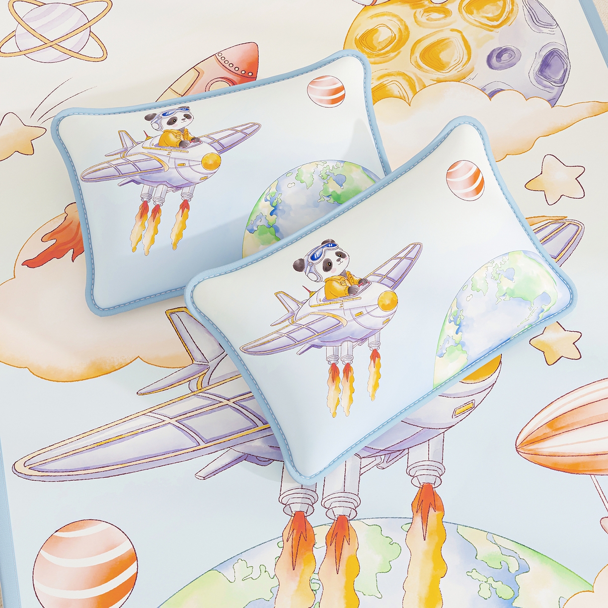 91家纺网 家纺一手货源 找家纺 家品罗兰 2026A类数码印花大版卡通冰丝凉席双人席可机洗学生宿舍空调软席三件套三明治网底 星际漫游