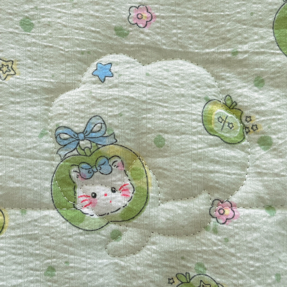 91家纺网 家纺一手货源 找家纺 优承佳生活馆 2026新款云感双层纱卡通小清新风格棉花夏被（提供买家秀） 青苹果猫咪
