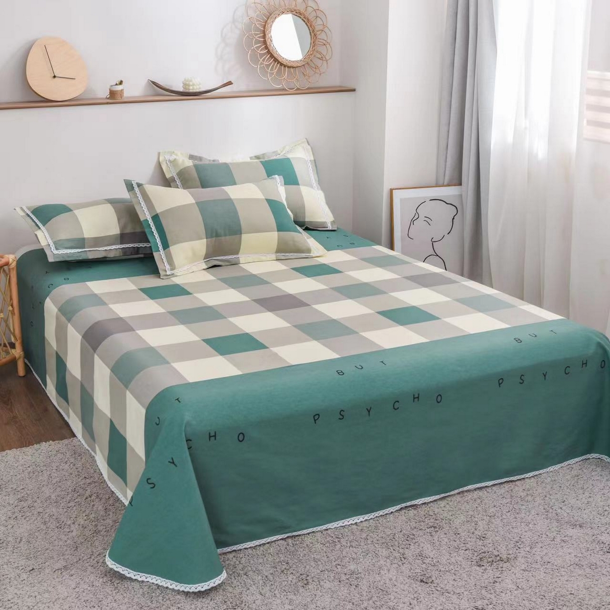 91家纺网 家纺一手货源 找家纺 仟网汇 2026新款老粗布蕾丝花边凉席席子三件套（无纺布手提包装） 绿格字母