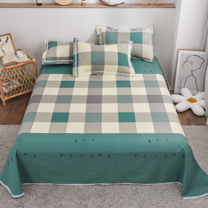 仟网汇 2026新款老粗布蕾丝花边凉席席子三件套（无纺布手提包装） 绿格字母