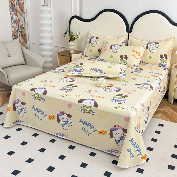 91家纺网 家纺一手货源 找家纺 仟网汇 2026新款老粗布蕾丝花边凉席席子三件套（无纺布手提包装） 快乐小狗