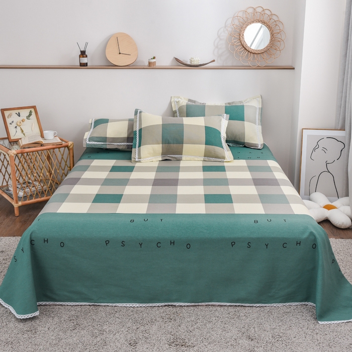 91家纺网 家纺一手货源 找家纺 仟网汇 2026新款老粗布蕾丝花边凉席席子三件套（无纺布手提包装） 绿格字母