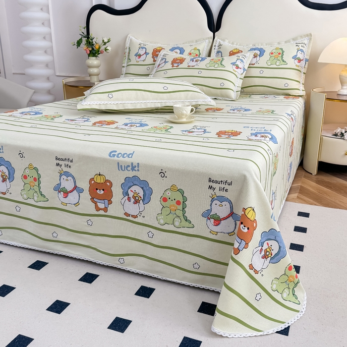 91家纺网 家纺一手货源 找家纺 仟网汇 2026新款老粗布蕾丝花边凉席席子三件套（无纺布手提包装） 动物园