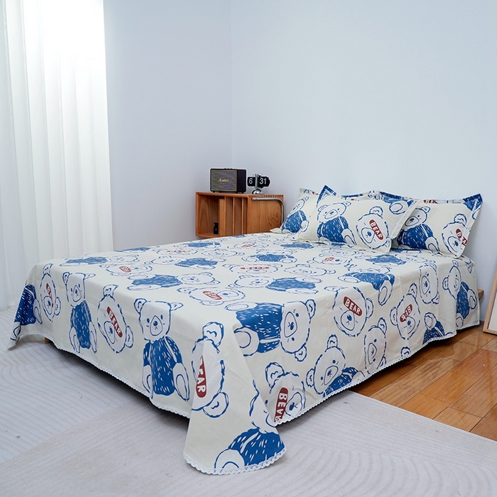 91家纺网 家纺一手货源 找家纺 仟网汇 2026新款老粗布蕾丝花边凉席席子三件套（无纺布手提包装） 泰迪熊