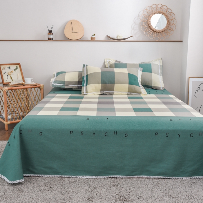 91家纺网 家纺一手货源 找家纺 仟网汇 2026新款老粗布蕾丝花边凉席席子三件套（无纺布手提包装） 绿格字母