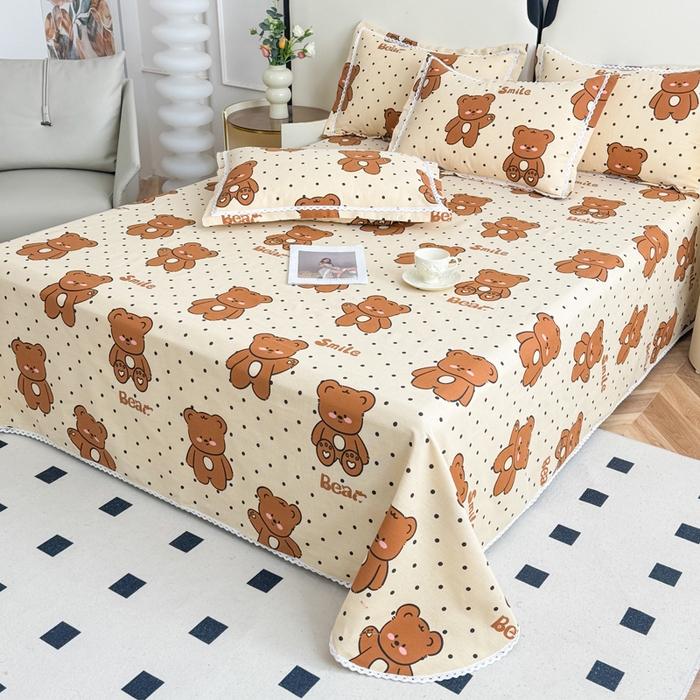 91家纺网 家纺一手货源 找家纺 仟网汇 2026新款老粗布蕾丝花边凉席席子三件套（无纺布手提包装） 波点萌熊