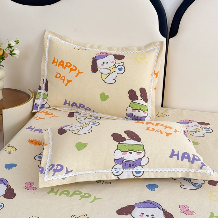 91家纺网 家纺一手货源 找家纺 仟网汇 2026新款老粗布蕾丝花边凉席席子三件套（无纺布手提包装） 快乐小狗