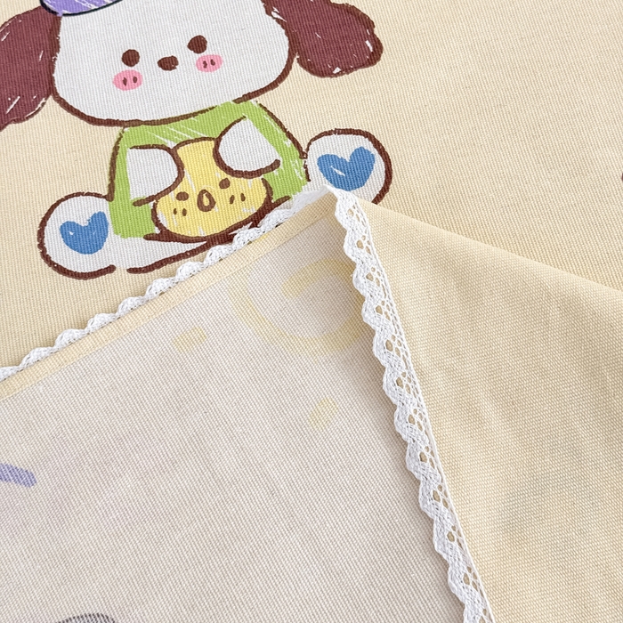 91家纺网 家纺一手货源 找家纺 仟网汇 2026新款老粗布蕾丝花边凉席席子三件套（无纺布手提包装） 快乐小狗