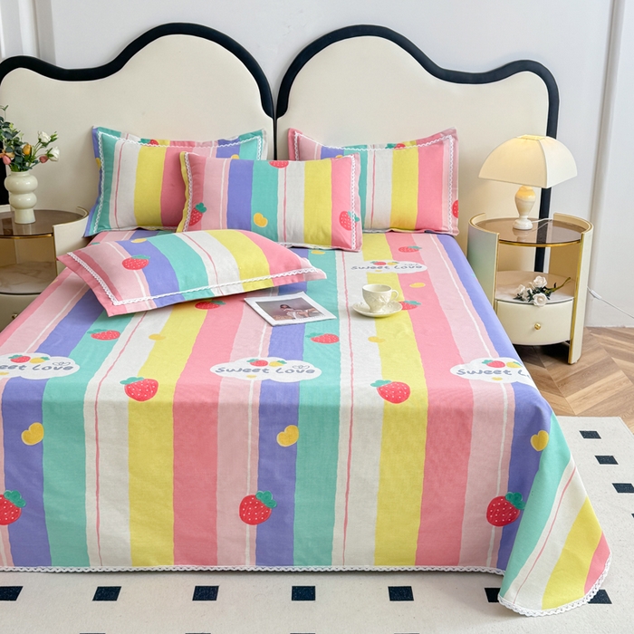 91家纺网 家纺一手货源 找家纺 仟网汇 2026新款老粗布蕾丝花边凉席席子三件套（无纺布手提包装） 彩虹