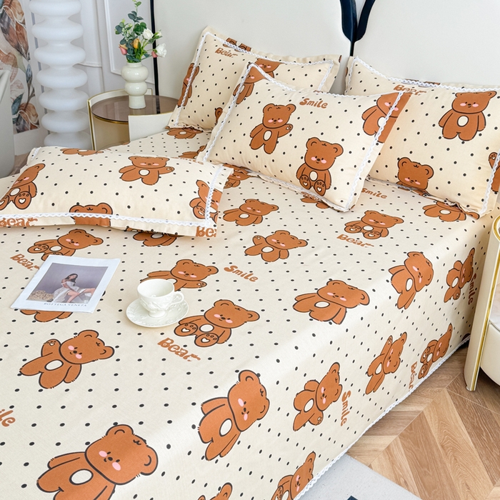 91家纺网 家纺一手货源 找家纺 仟网汇 2026新款老粗布蕾丝花边凉席席子三件套（无纺布手提包装） 波点萌熊