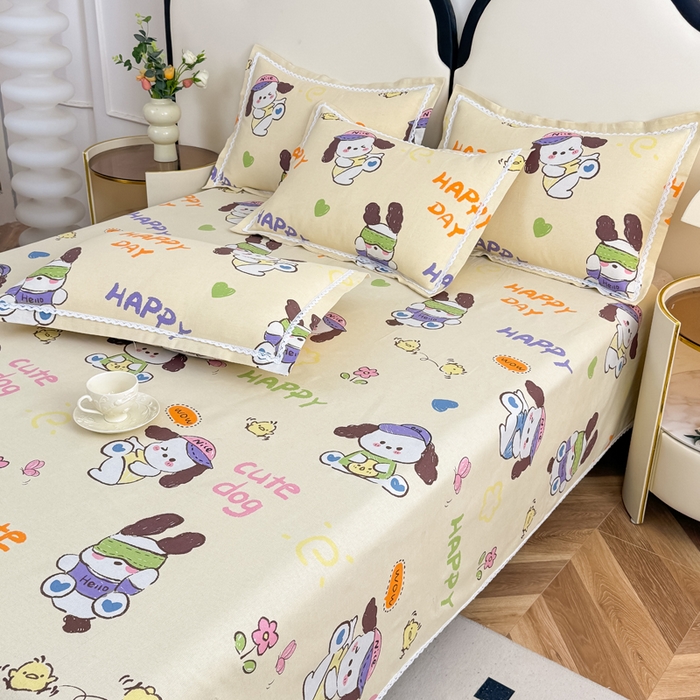 91家纺网 家纺一手货源 找家纺 仟网汇 2026新款老粗布蕾丝花边凉席席子三件套（无纺布手提包装） 快乐小狗