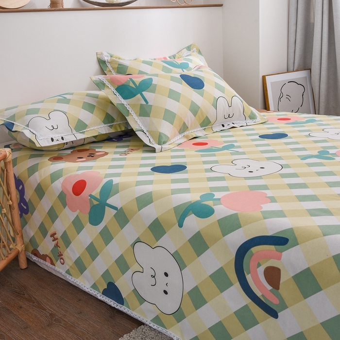 91家纺网 家纺一手货源 找家纺 仟网汇 2026新款老粗布蕾丝花边凉席席子三件套（无纺布手提包装） 彩虹熊