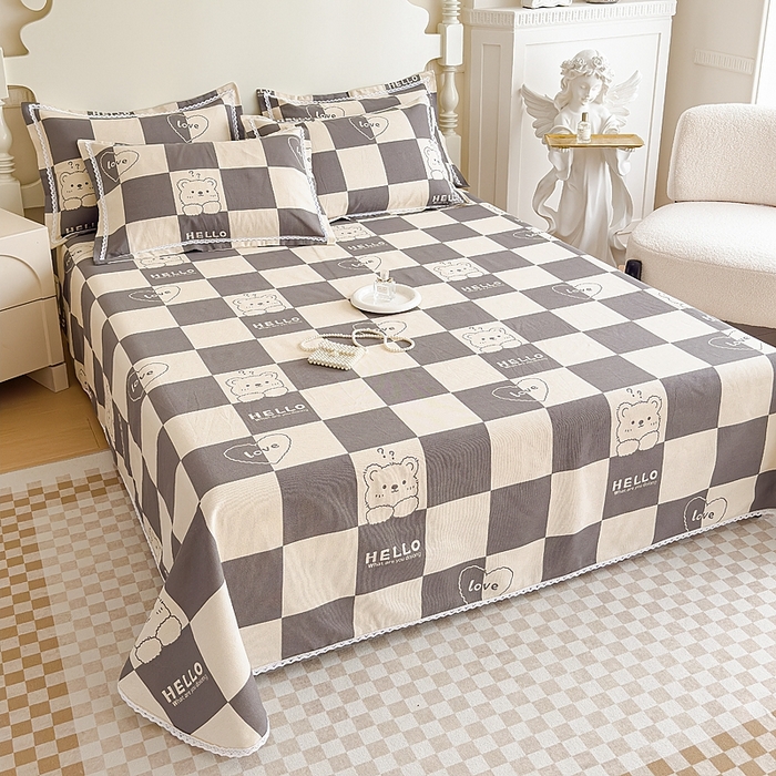 91家纺网 家纺一手货源 找家纺 仟网汇 2026新款老粗布蕾丝花边凉席席子三件套（无纺布手提包装） 棋盘熊