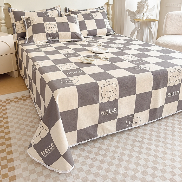 91家纺网 家纺一手货源 找家纺 仟网汇 2026新款老粗布蕾丝花边凉席席子三件套（无纺布手提包装） 棋盘熊