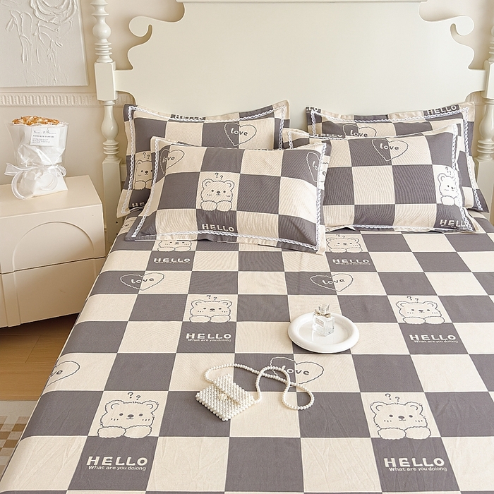 91家纺网 家纺一手货源 找家纺 仟网汇 2026新款老粗布蕾丝花边凉席席子三件套（无纺布手提包装） 棋盘熊