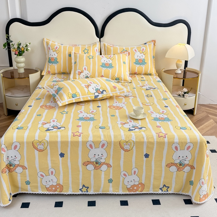 91家纺网 家纺一手货源 找家纺 仟网汇 2026新款老粗布蕾丝花边凉席席子三件套（无纺布手提包装） 橙心兔