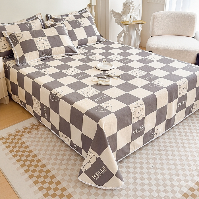 91家纺网 家纺一手货源 找家纺 仟网汇 2026新款老粗布蕾丝花边凉席席子三件套（无纺布手提包装） 棋盘熊