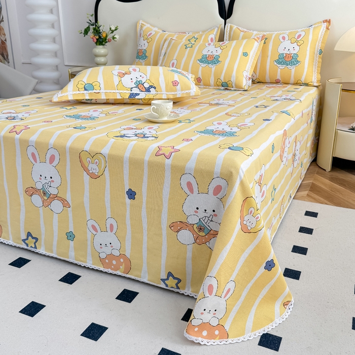 91家纺网 家纺一手货源 找家纺 仟网汇 2026新款老粗布蕾丝花边凉席席子三件套（无纺布手提包装） 橙心兔